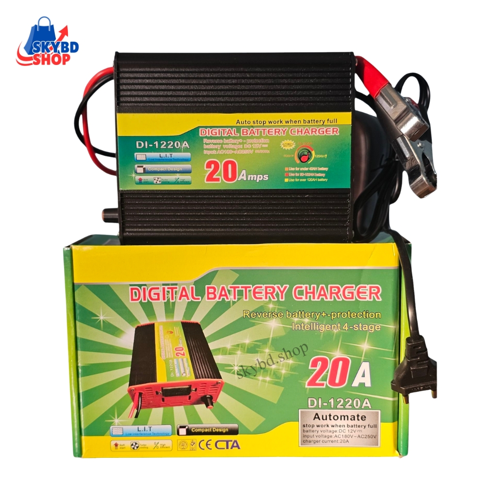 Battery charger 12v 20A Battery Charger full Auto and Digital - Intelligent Smart Battery Charger Full Auto Cut for Car Truck Auto rickshaw Bikes IPS Industrial wet dry lead-acid battery Battery